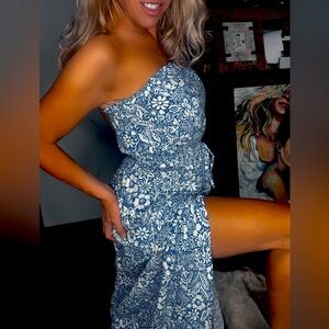 Floral Blue Strapless Dress